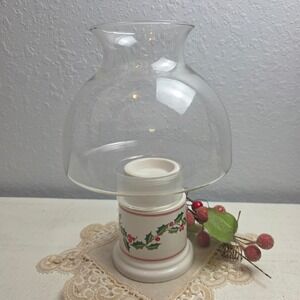 Vintage Himark Christmas Ceramic Holly Candle Holder Lantern Hurricane Glass